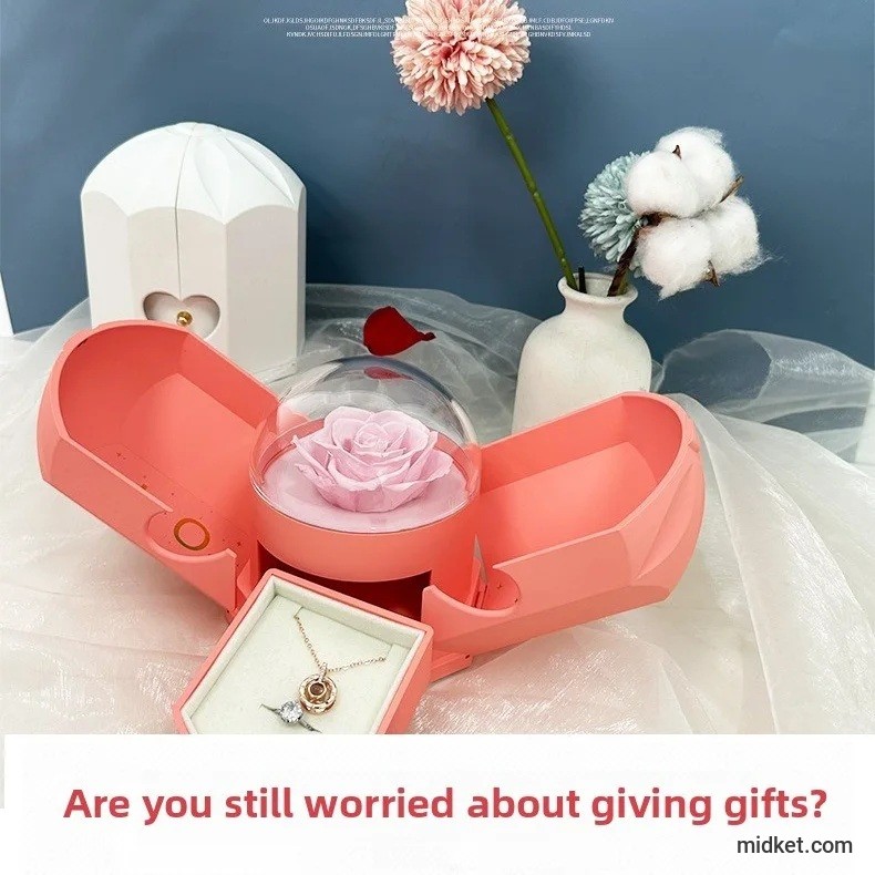 Surprise Flower Jewelry Box - Mysterious Unboxing with Rose Gold Dried Flowers & Hidden Love Drawer - Luxury Birthday Gift for H