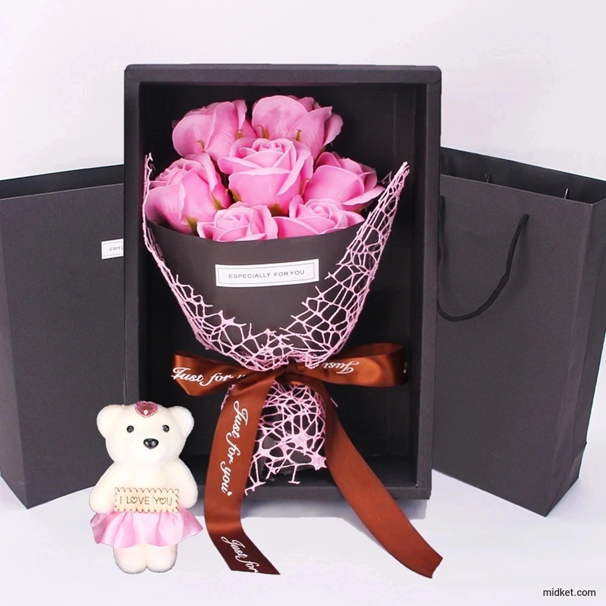 1Pc Handmade 7 Rose Soap Bouquet Little Bear Gift Box Creative Valentine's Day Mother's Day Birthday Party Rose Flower Gifts