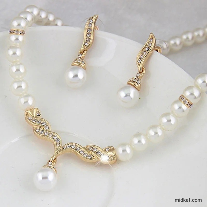 Creative Gold Color Necklace + 1 Pair Earrings Wedding Bridal Pearl Jewelry Set For Women Lady Female