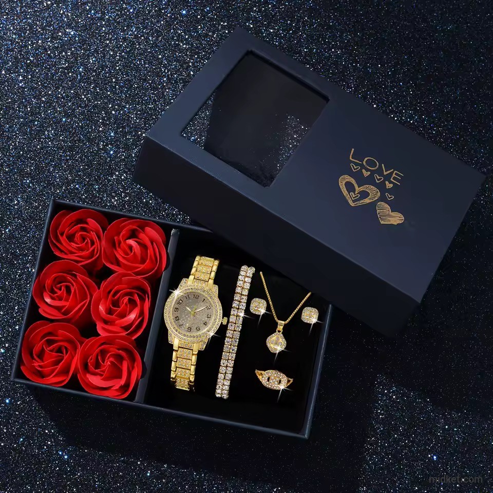 Fashion Luxury Women Watch Necklace Earrings Ring Set For Women Rhinestone Wristwatch Bracelet Set Valentine's Day Gift