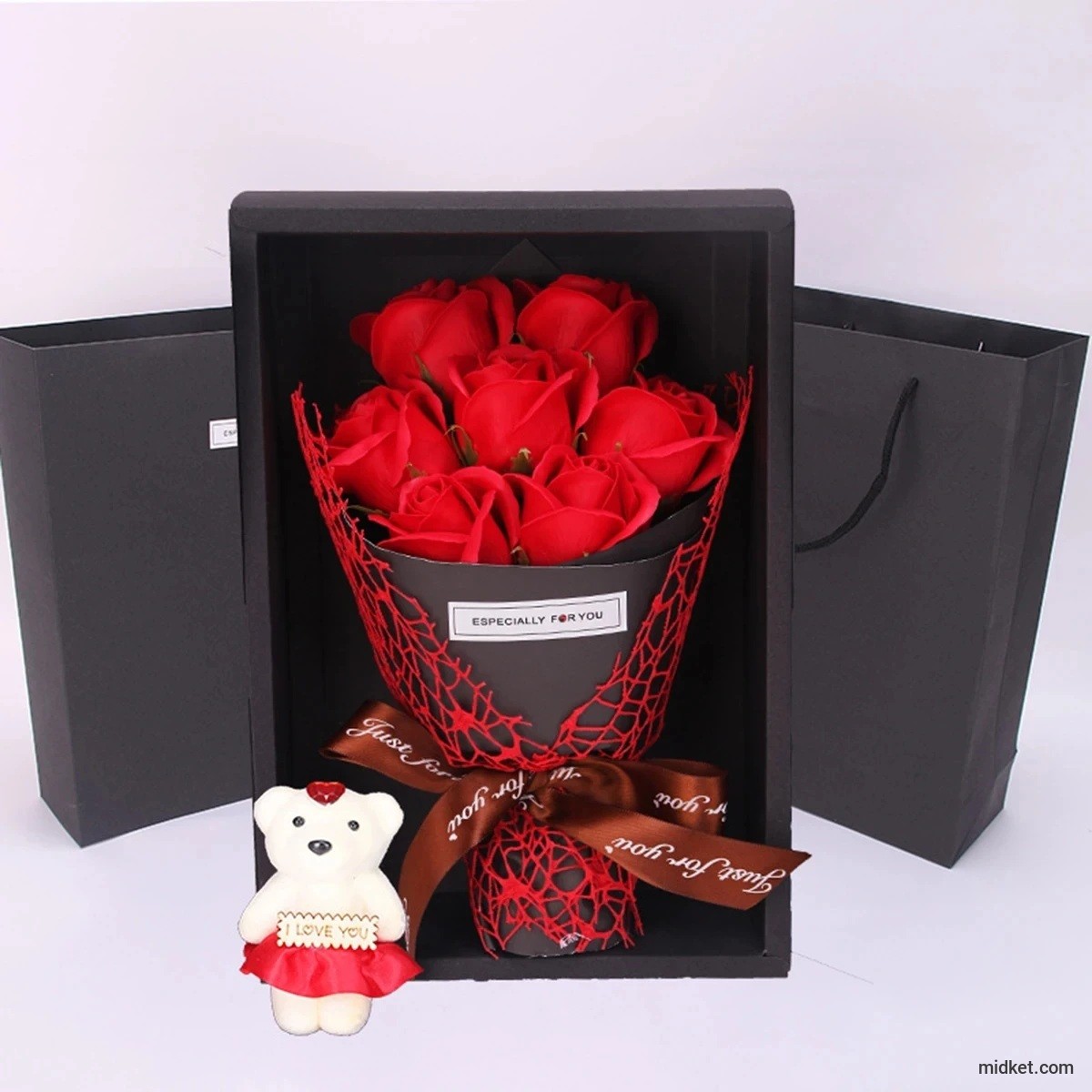 1Pc Handmade 7 Rose Soap Bouquet Little Bear Gift Box Creative Valentine's Day Mother's Day Birthday Party Rose Flower Gifts